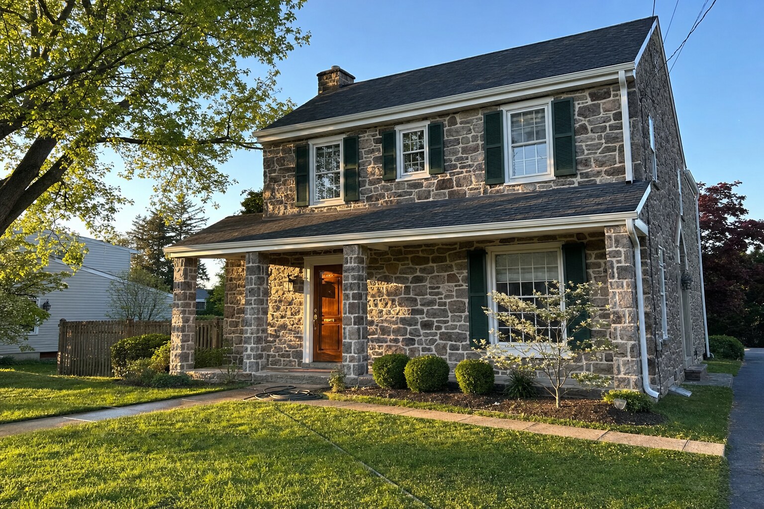 Two-story home with full fieldstone-veneer facade, freshly soft-washed