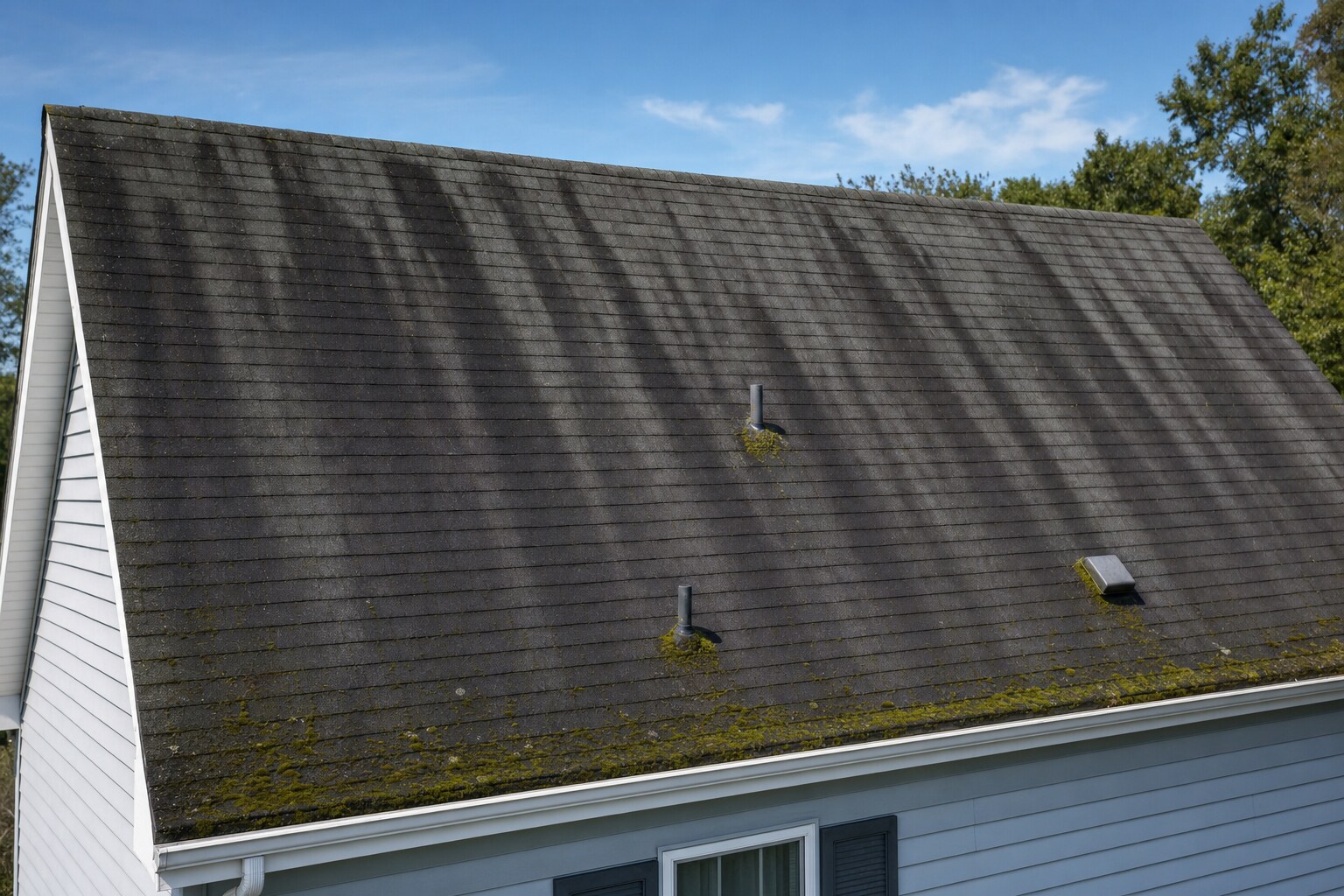 Asphalt shingle roof with heavy black gloeocapsa magma streaks